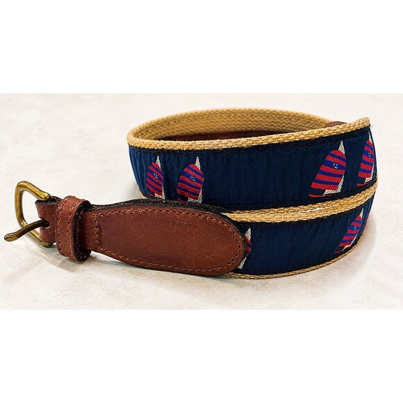 Unbranded Other - Embroidered Belt Sailboat Pattern Canvas Leather Brass Buckle Preppy Golf 28